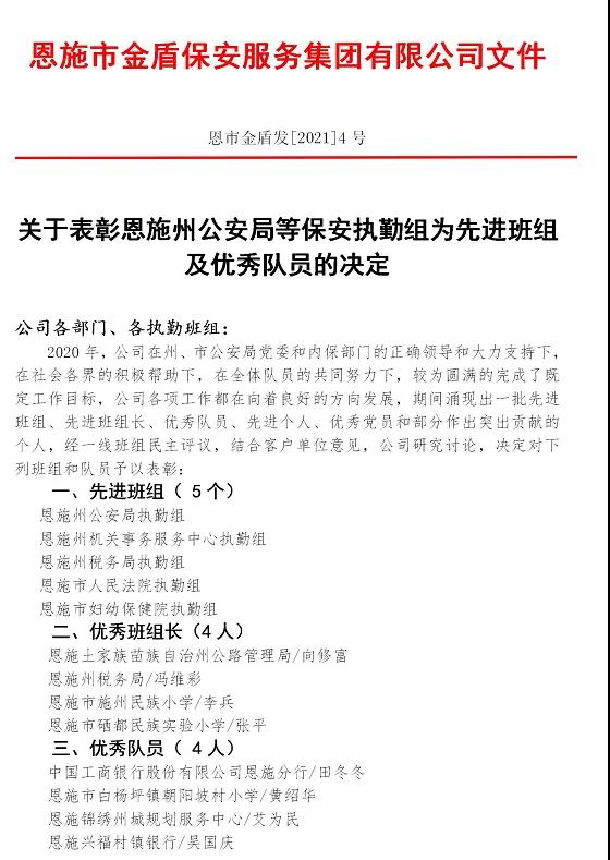 關于表彰恩施州保安執勤組為先進班組及優秀隊員公告